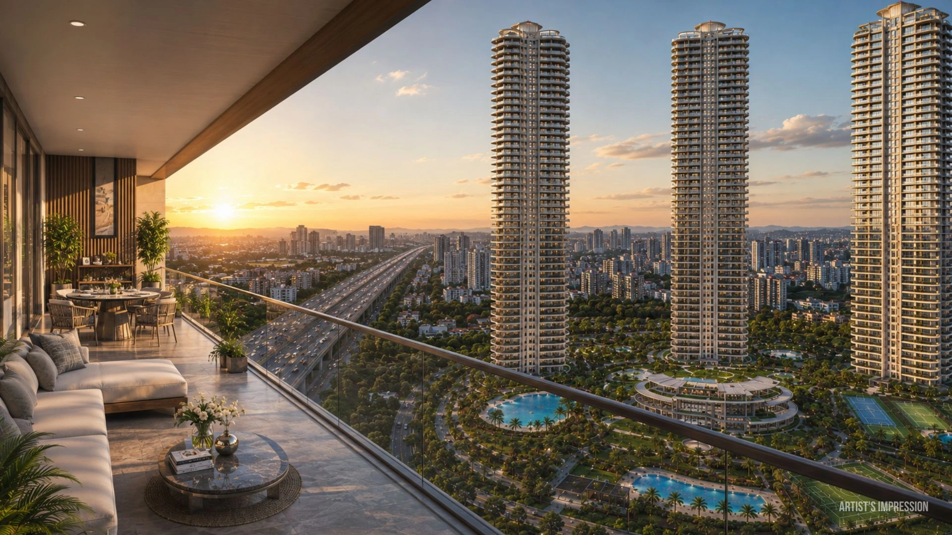 Sunset view from a private deck at Prestige Thane over Thane's skyline