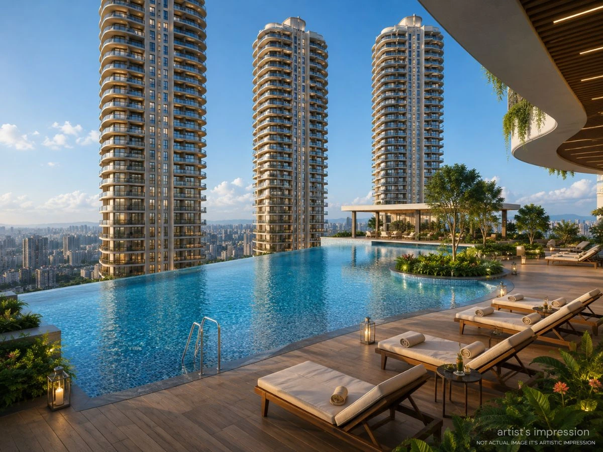 Rooftop infinity pool and sun deck at Prestige Thane