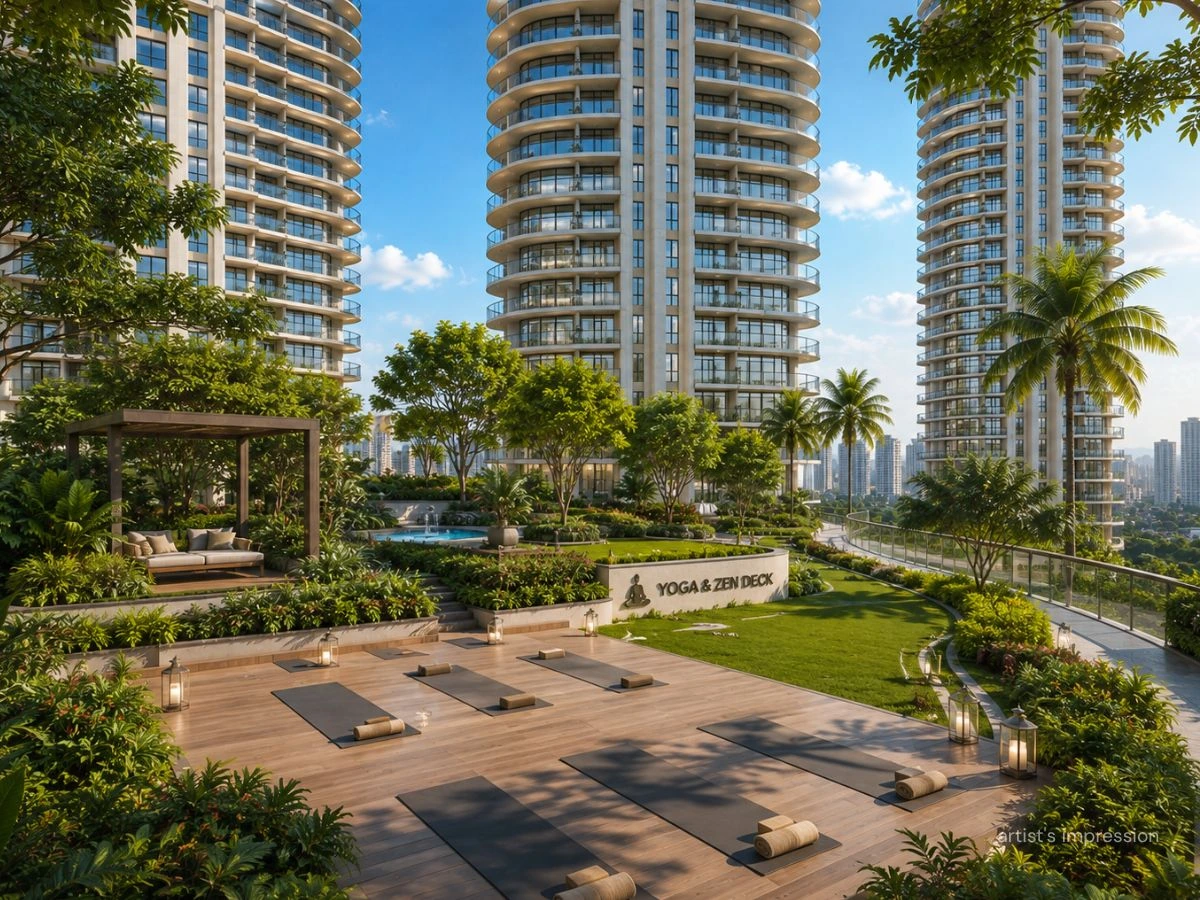 Landscaped yoga and zen deck at Prestige Thane