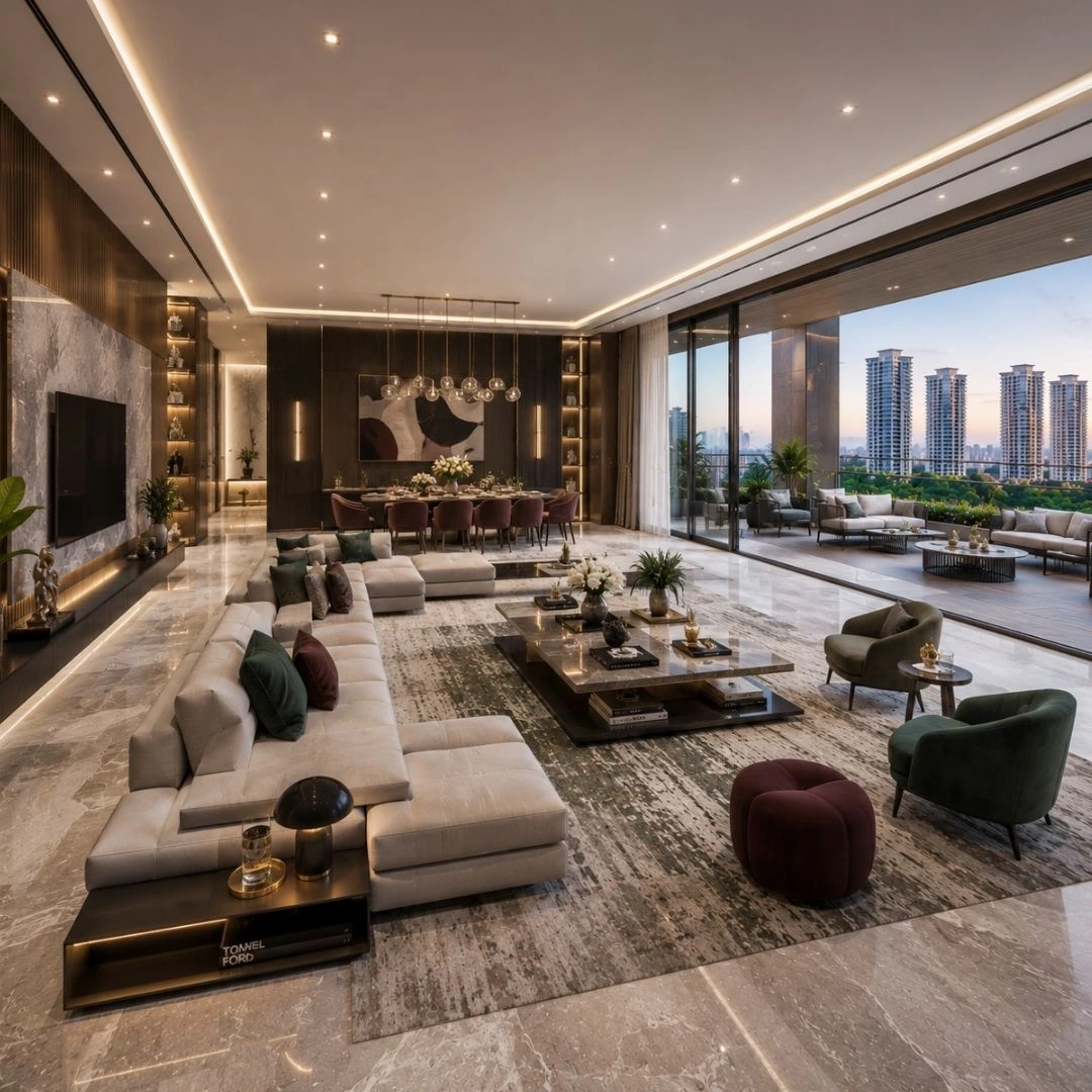 Prestige Thane 2 BHK living and dining opening onto a private deck